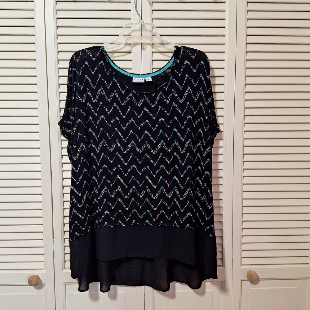 Cato Woman Black Teal Chevron Layered High-Low Blouse Top 26/28W